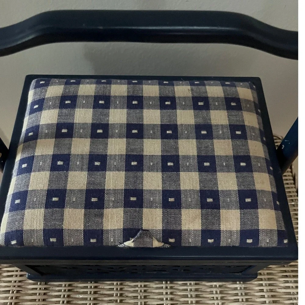 Vintage Navy Blue Wicker Sewing Basket Gingham Padded Lid Organizer Handle